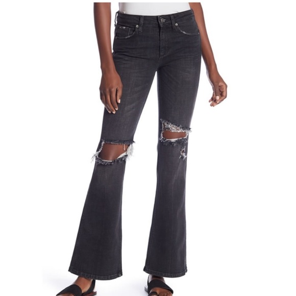 Free People Distressed Flared Leg Jeans Faded Black OB817426 Size 28 X 32 - Picture 1 of 13